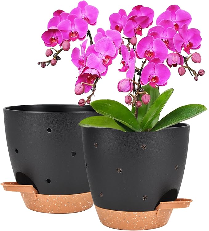 Vanslogreen 6 Inch Orchid Pots with Holes, 2 Pack Self Watering Planters for Orchids Plastic Orchid Pot Plant Flower Pots for Orchids Indoor Outdoor (Black with Brown)
