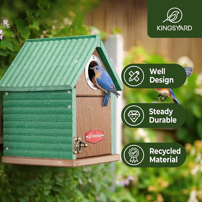 Kingsyard Recycled Plastic Bird House for Outdoors - Weatherproof Nesting Box with Clear View Panel & Predator Guard for Bluebird Wren Swallow Finch, Green