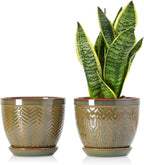 Sureasy 6.5 Inch Ceramic Plant Pots, Embossed Decorative Planters with Drainage Hole and Saucer, Modern Flower Pots for Indoor Plants, Set of 2, Green