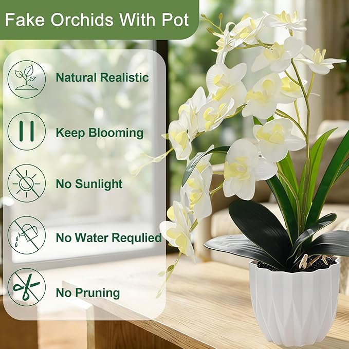 Artificial Orchid Potted Plant, White Fake Orchid Flowers with White Pot, Bendable Faux Phalaenopsis Flower Arrangement for Home Office Table Centerpiece Wedding Party Bathroom Decor