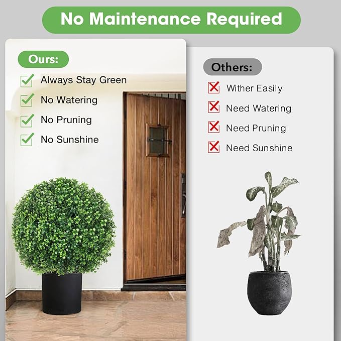 25.6" Artificial Boxwood Topiary Ball Trees: 2 Pack Fake Shrubs with Spike – UV Resistant & Fade Resistant Faux Bushes, Evergreen Spring Artificial Plants for Outdoor Indoor Front Porch Garden