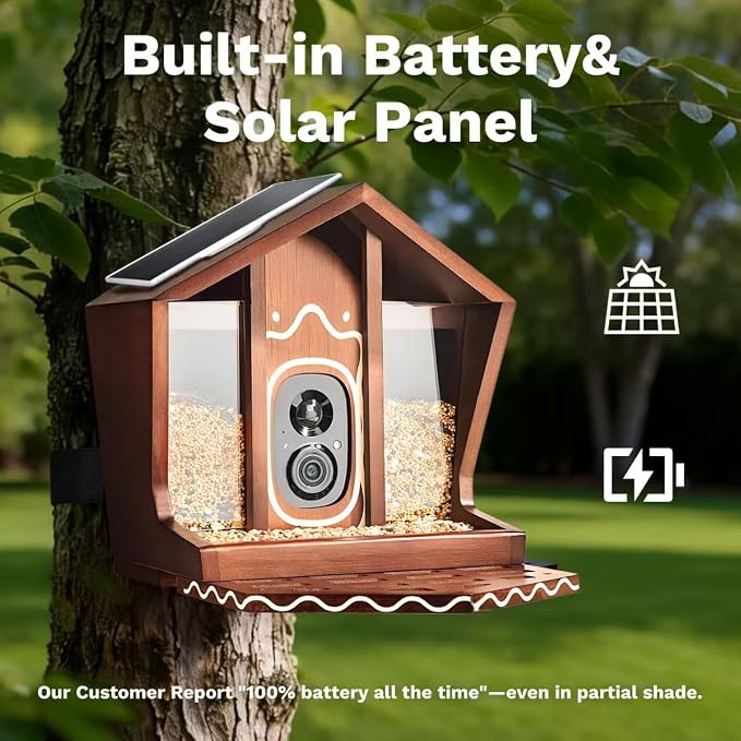 Smart Bird Feeder with Camera Solar Powered AI Identification 10,000+ Bird 2K UHD Video Live Instant Arrival Alerts and Real-Time Motion Detection Weatherproof Bamboo for Outdoor Birds Lovers