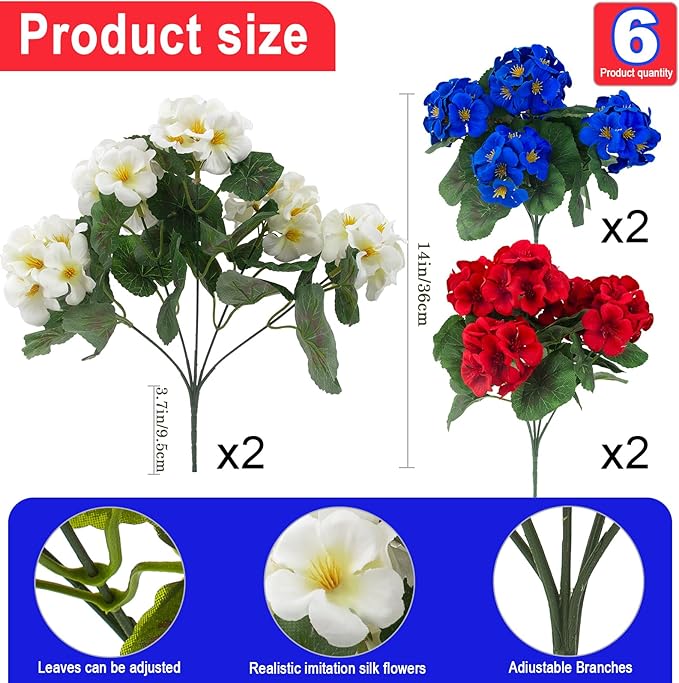 Hananona 6 Pcs Artificial Geranium Flowers for Outdoors Geranium Silk Flowers Outdoor UV Resistant Plants Faux Patriotic Flowers for 4th of July Home Kitchen Table Centerpieces Decor (6, RedWhiteBlue)
