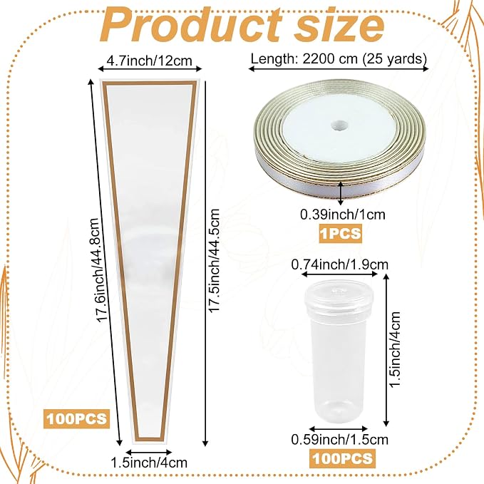 Flower Packaging Kit, 100 Flower Wrapping Bag Single Rose Sleeve 100 Floral Water Tubes 72ft Ribbon Single Flower Packaging Bags for Wedding Mother's Day Florist Birthday Flower Wrapping (White)