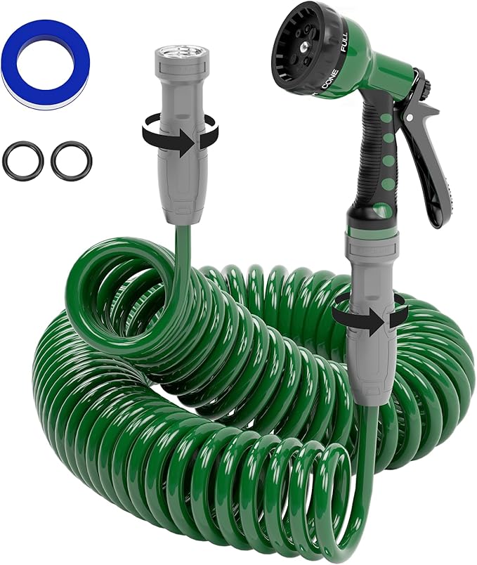 SPECILITE 3/8" Lightweight Coil Garden Hose 50 FT, EVA Flexible Curly Water Pipes with 6-Pattern Spray Nozzle for Boat, Greenhouse, Yard, Patio, Green