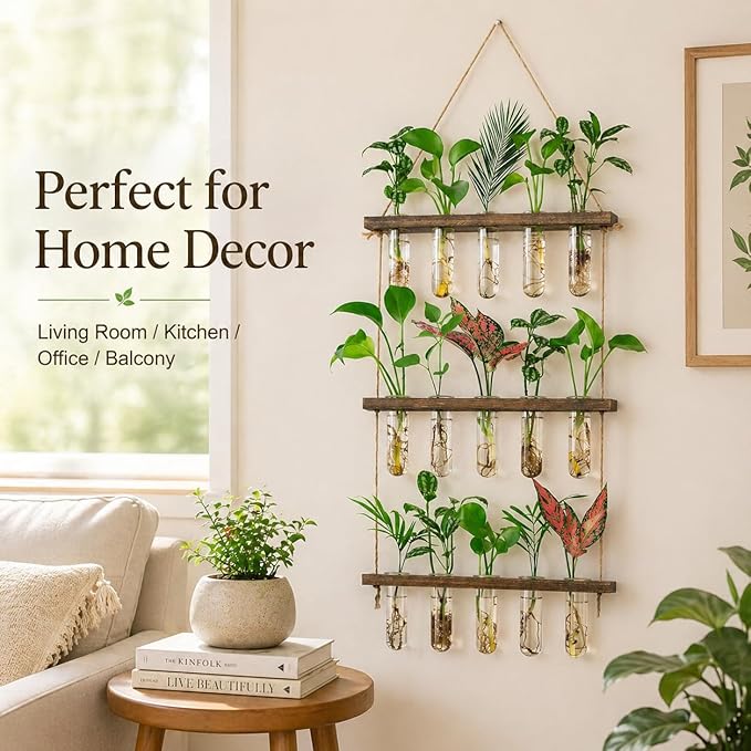 3 Tier Wall Hanging Propagation Stations with 15 Glass Test Tubes, Plant Terrarium Propagation Tubes Planter for Hydroponic Cuttings, Window Decor Gift for Plant Lovers