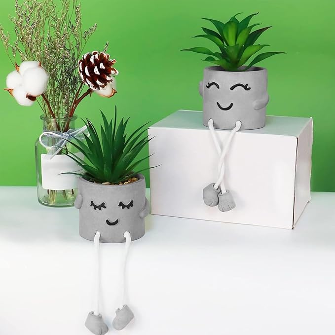 Zerzsy Faux Succulents in Cement Pots with Hanging Leg, Potted Mini Fake Plants for Desk Decor, Kitchen Shelf Decor, Office Decoration for Women, Bathroom Shelf Plants Decoration - Set of 2