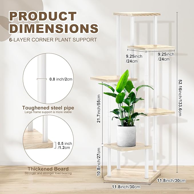 6 Tier Plant Stand Indoor, Thickened Metal Wood Corner Plant Shelf Stands for Multiple Plants, Indoor Tall Plants Stand Tiered Flower Holder for Living Room Patio Garden Balcony(White+Oak)