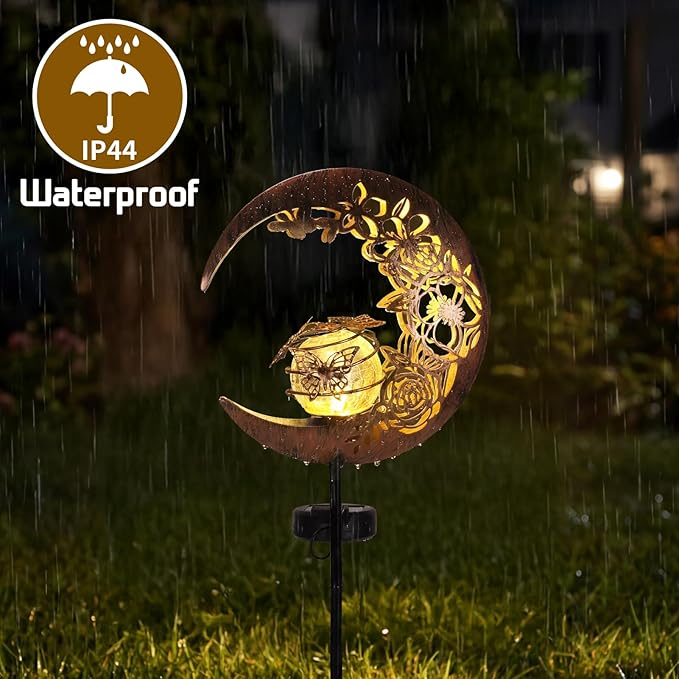 MEBRUDY Butterfly Solar Garden Outdoor Decor, Moon Figurine Light Stake Housewarming Ornament for Patio, Lawn, Yard, Pathway, Unique Gift Ideas for Gardening, Mom, Women, Grandma