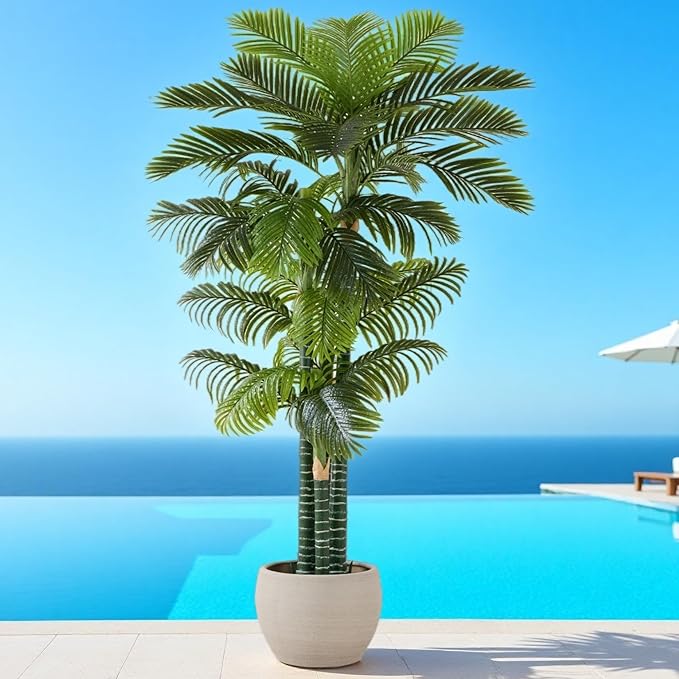 8.5FT Tall Golden Cane Palm Tree with 4 Trunks (1 Pack), Extra Lush Large Faux Plants, UV Resistant Indoor/Outdoor Fake Plant in Black Base Pot - Realistic Tropical Decor for Patio, Home, Office