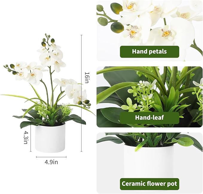 Garvee Real Touch Silk Phalaenopsis Orchid Artificial Flowers - 3 Stems Faux Orchid Bough with Vase, Lifelike Large Fake Flowers in Pot for Home Decor Living Room Bedroom Office Tabletop