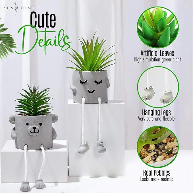 Zen Home Cute Fake Plants for Shelf - Mini Succulent Plants - Small Artificial Plants for Shelf Decor - Desk Plants for Office - Small Faux Plant - Cute Fake Plants for Home, Office, Class (Shy Kid)
