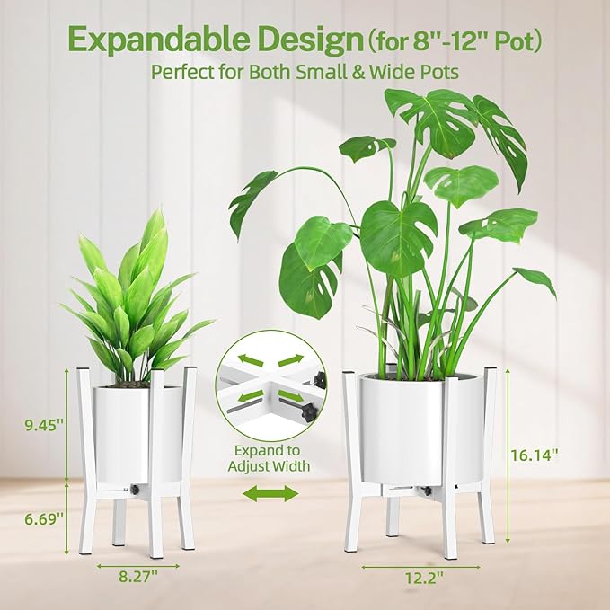iDavosic.ly Adjustable Plant Pot Stand Indoor Outdoor, Metal Short Single Flower Holder Fits 8 to 12 Inch Large Heavy Duty Planter (Not Included) | White