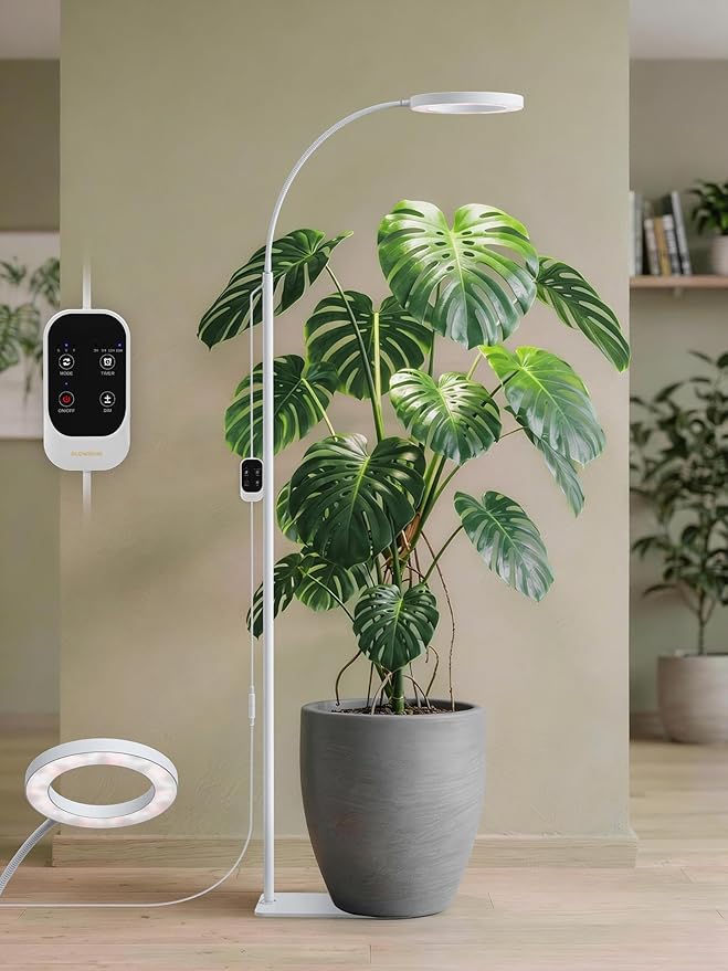 GLOWRIUM Grow Lights for Indoor Plants, Full Spectrum LED Grow Light Floor Lamp with Stand Adjustable Height and Angle, Black Plant Light with 3/9/12H Grow Light Timer (White, 20W)