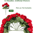CEWOR 12 Bundles Artificial Geranium Flowers for Outdoor Indoor, Fake Silk Geranium Red Flowers, Faux Flower for Valentine's Day Decor Garden Front Door Porch Planter Patio Home Decor