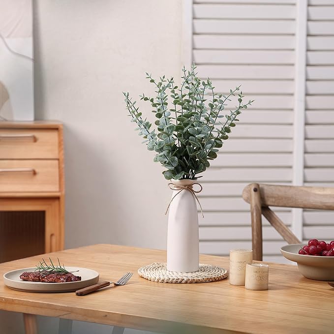 Vase with Greenery,20pcs Artificial Eucalyptus Stems in White Vase 2 Packs, Boho Home Decor Plant, 19" Decorative Fake Plants for Home Farmhouse Mantle Centerpiece Decor