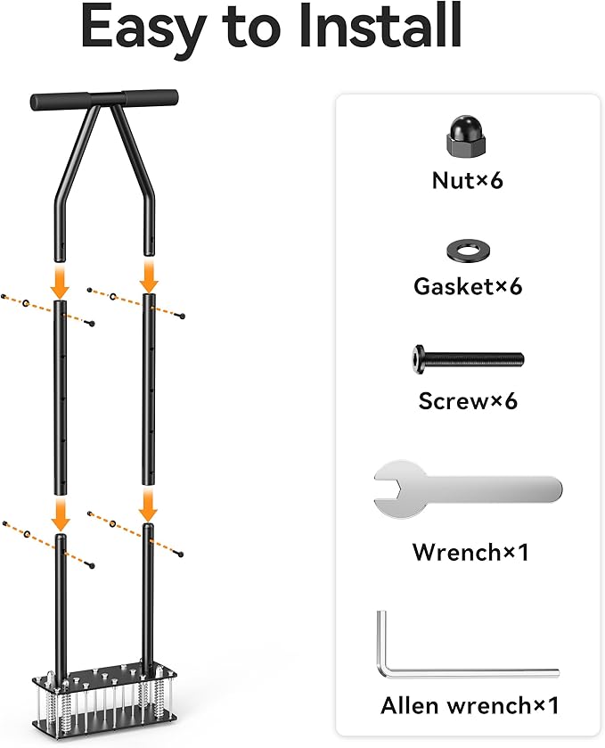 Knee-Friendly Manual Lawn Aerator Tool - 15 Heavy-Duty Steel Spikes,Spring-Loaded Auto-Clean Design, Pre-Assembled for Soil Loosening & Lawn Health, Garden/Yard Aeration Tool
