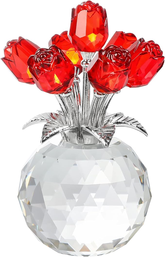 YWHL Handmade Crystal Red Rose Flower Figurine With Round Vase, Romantic Gifts for Women on Anniversary Mother's Day Birthday, Collectible Figurines for Home Party Wedding Decorations