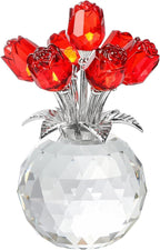 YWHL Handmade Crystal Red Rose Flower Figurine With Round Vase, Romantic Gifts for Women on Anniversary Mother's Day Birthday, Collectible Figurines for Home Party Wedding Decorations