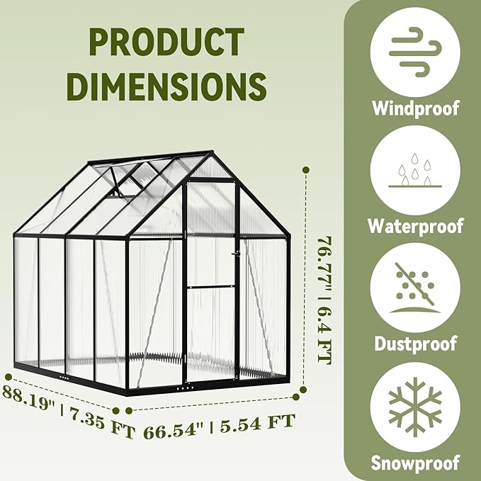 6X8 FT Polycarbonate Greenhouse with Electronic Hygrometer, Walk in Green House for Outside Heavy Duty Greenhouses with Aluminum Frame for Garden Patio Backyard Flower Planting