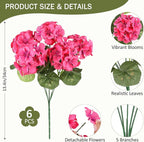 6 Bundles Rose Red Artificial Geranium Flowers for Outdoors Spring Decor Geraniums Silk Flowers UV Resistant Lifelike Faux Flowers for Spring Indoor Outdoor Garden Patio Porch Balcony Home Decoration
