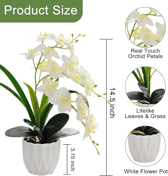 Artificial Orchid Potted Plant, White Fake Orchid Flowers with White Pot, Bendable Faux Phalaenopsis Flower Arrangement for Home Office Table Centerpiece Wedding Party Bathroom Decor
