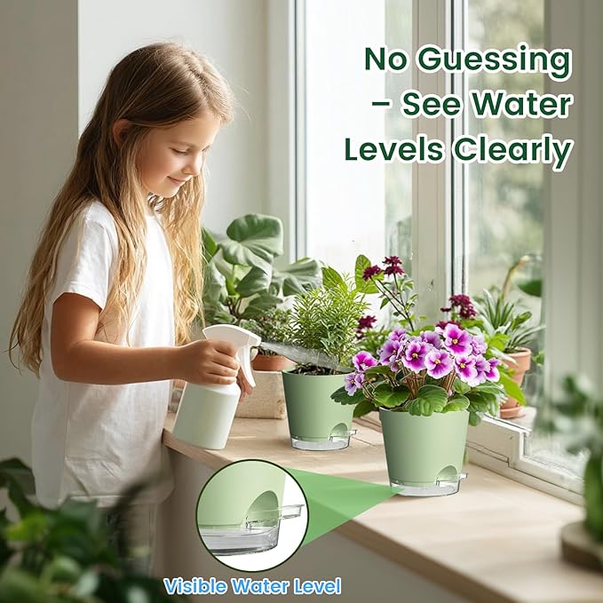 Meowell Self Watering Pots Set of 7 – Assorted Size 4" to 8" Indoor Plant Pots with Drainage Holes and Clear Reservoir for Visible Water Level, Plastic Wicking Planter for House Plants & Flower, Green