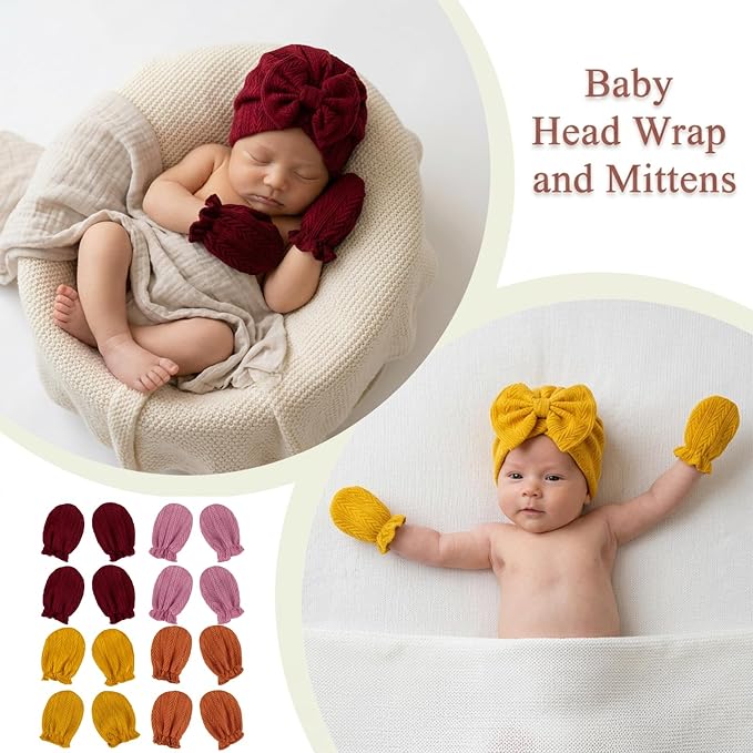 Newborn Baby Girl Hats Mittens Set Cotton Hospital Bow Hat Beanies Caps Gloves for New Born Girls 0-6 Months