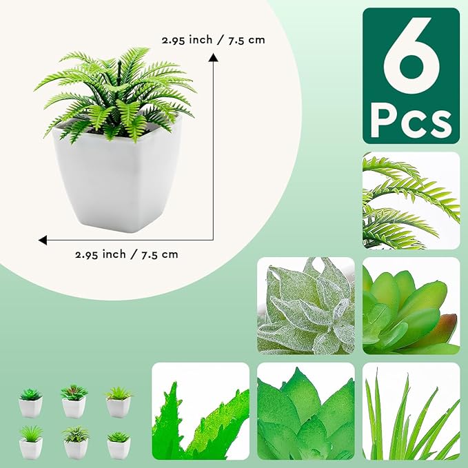 6pcs Mini Succulents Plants Artificial Indoor Decor Fake Succulent in Pots Small Faux Plastic Plant Greenery Modern Ornament for Office Desk Home Bedroom Windowsill Decoration