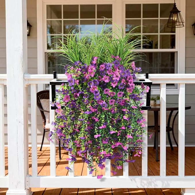 Artificial Hanging Flowers for Outdoors with Wheat Grass, 5 Pcs Fake Hanging Plants for Spring Decor, UV Resistant Faux Silk Flower Greenry for Planter Porch Patio Yard Garden(Double Purple)