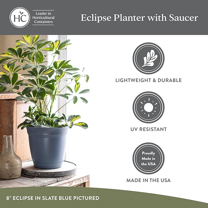 The HC Companies 10 Inch Eclipse Round Planter Pots with Drainage Holes & Attached Saucer, Lightweight UV-Resistant Plastic Indoor Outdoor Planters, 2-Pack Flower Pots for Garden & Home Decor, Seafoam