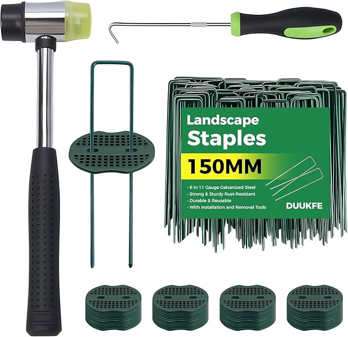 150Pcs Garden Staples +150Pcs Gasket +Pick Hook +Rubber Mallet, 6 Inch Landscape Fabric Stakes Galvanized Weed Barrier Stakes 11 Gauge Landscape Pins U Shape Lawn Staples for Yard, Sod, Turf, Green