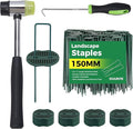 150Pcs Garden Staples +150Pcs Gasket +Pick Hook +Rubber Mallet, 6 Inch Landscape Fabric Stakes Galvanized Weed Barrier Stakes 11 Gauge Landscape Pins U Shape Lawn Staples for Yard, Sod, Turf, Green