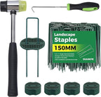 150Pcs Garden Staples +150Pcs Gasket +Pick Hook +Rubber Mallet, 6 Inch Landscape Fabric Stakes Galvanized Weed Barrier Stakes 11 Gauge Landscape Pins U Shape Lawn Staples for Yard, Sod, Turf, Green