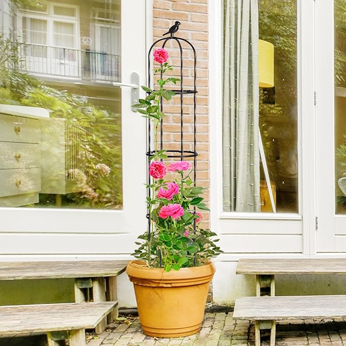FOLLOOK Garden Trellis Obelisk for Climbing Plants, Lightweight Metal Plant Support for Roses Clematis Vines, Rustproof Decorative Trellis for Outdoor Garden Patio Planter, Black, 2 Pack