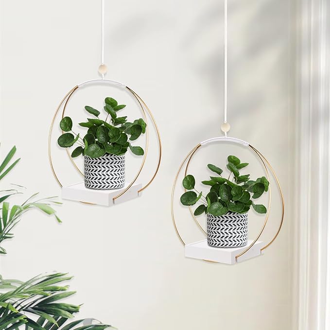 hismocal 2 Pack Hanging Planter Holder for Indoor Plants, Plant Hanger with Sturdy Wood Base,Modern Boho Macrame Wall Ceiling Window Stands(Plants/Pots Not Included)
