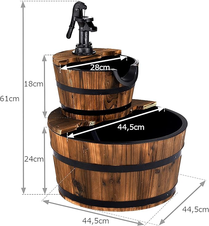 FANTASK 2 Tier Barrel Waterfall Fountain, Outdoor Barrel Water Fountain with Hand Pump Rustic Solid Wood Construction, Outside Cascading Waterfall Fountain for Garden, Backyard, Patio, Porch, Yard