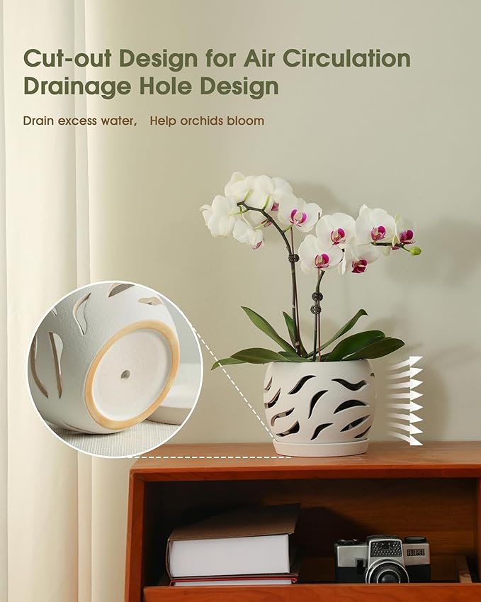Fayoula Ceramic Orchid Pot with Holes & Saucers, 5.5 inch Plant pots for Indoor and Outdoor use, Wind-Worn Texture Cutout Promoting air Circulation and Drainage(Pots Only)