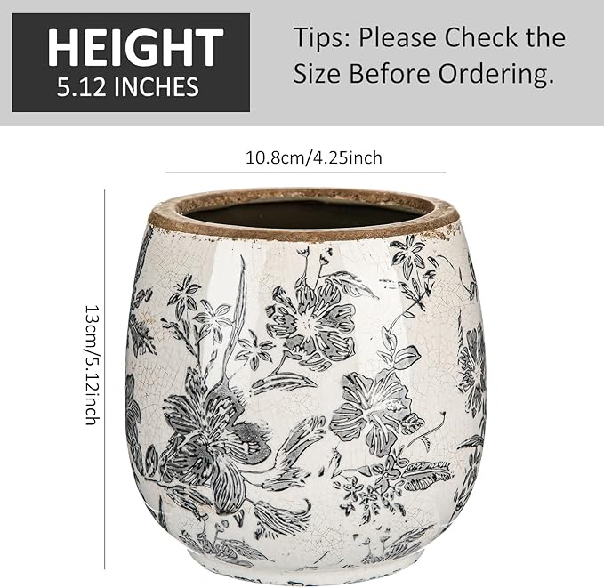 SiliFine Vintage Ceramic Flower Pot with Ice Crackle Rustic Planter with Drainage Holes for Indoor and Outdoor Decor Home Living Room Garden Decor Gardening Gift (Rustic Grey Style)