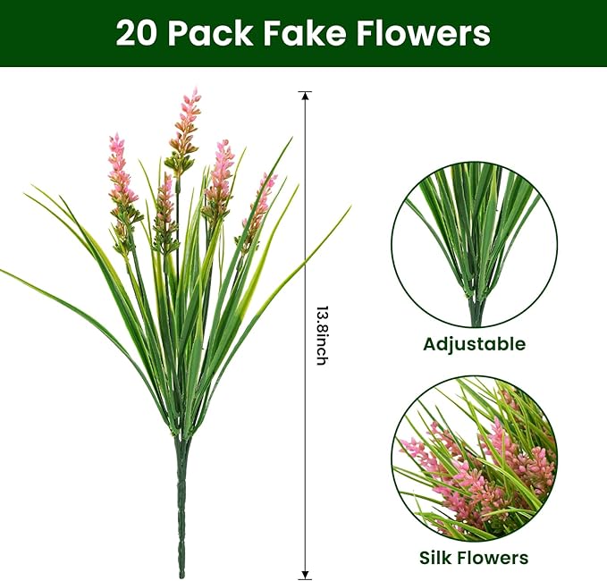 20 Bundles Artificial Plants Outdoor, UV Resistant Fake Flowers， Realistic Faux Lavender Shrubs for Porch Garden Window Box Home Decoration (Pink)