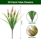 20 Bundles Artificial Plants Outdoor, UV Resistant Fake Flowers， Realistic Faux Lavender Shrubs for Porch Garden Window Box Home Decoration (Pink)