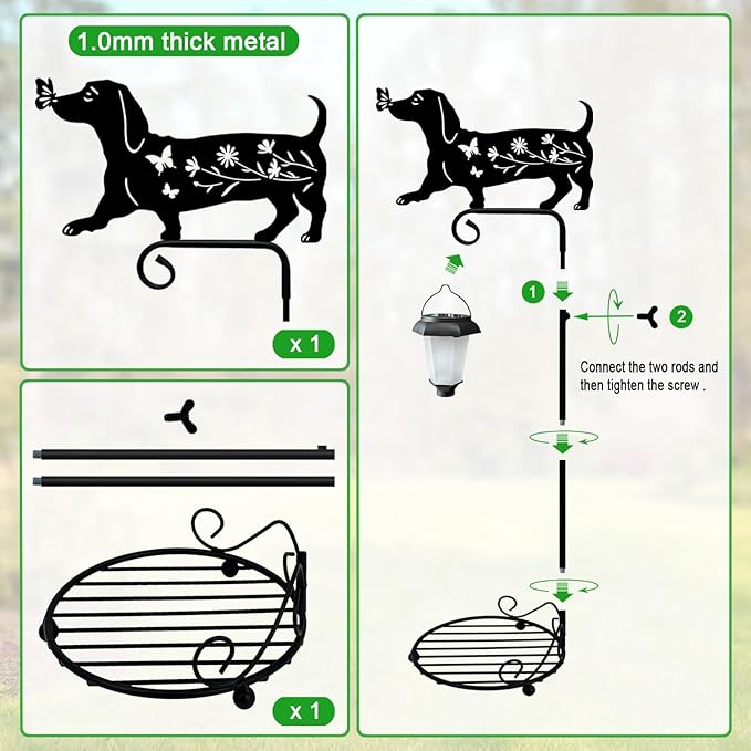 Solar Floor Lamp with Plant Stand Outdoor,Metal Dachshund Dog Garden Decorations,Solar Lanterns Outdoor Front Porch Decor for Deck,Patio,Yard