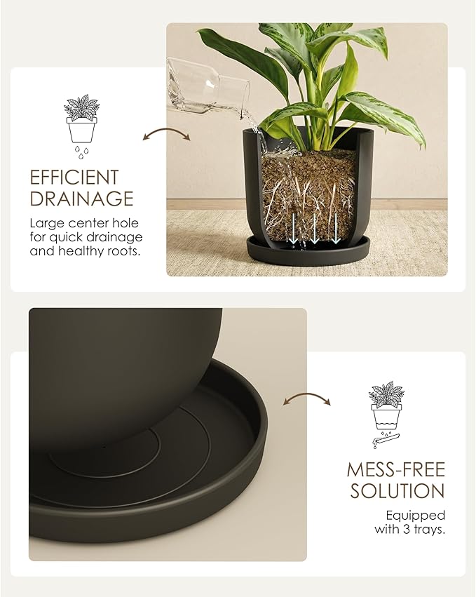 Bamworld Plant Pots Planters for Indoor Plants Flower Pots with Drainage Holes 5/6/7.5 Inch Set of 3 Plastic Planters for Outdoor Plants Garden Pots for Office Room Home Decor Black
