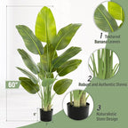 Lifelike Bird of Paradise Artificial Plant,5ft Faux Banana Leaf Tree with 12 Trunks - Perfect Indoor Silk Floor Plant for Home Decor in Living Room, Office, and Bedroom 1Pack