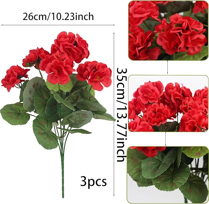 CITYES 3 Pcs Artificial Geraniums Flowers Silk Geraniums for Outdoors UV Resistant Red Fake Geranium Bush Faux Flowers Plant for Planter Garden Home Decor Indoor Patio Vase Table Centerpiece