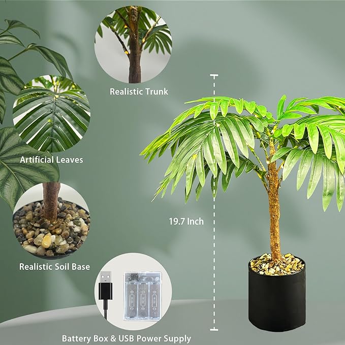 20'' Lighted Palm Tree Faux Plant with LED Lights - USB & Battery Box Powered - Artificial Palm Tree for Living Room, Home Decor, Indoor Decoration (Palm Leaf)