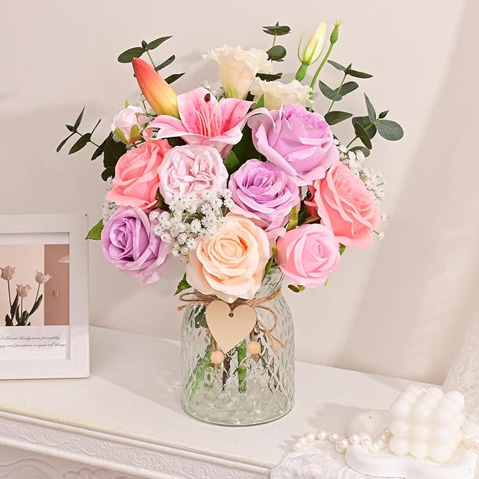 Livole 22Pcs Fake Flowers in Vase Silk Artificial Flowers with Vase & Light Fake Plant Eucalyptus Flower Arrangement for Table Centerpieces Decor for Living Room Coffee Home Farmhouse Purple