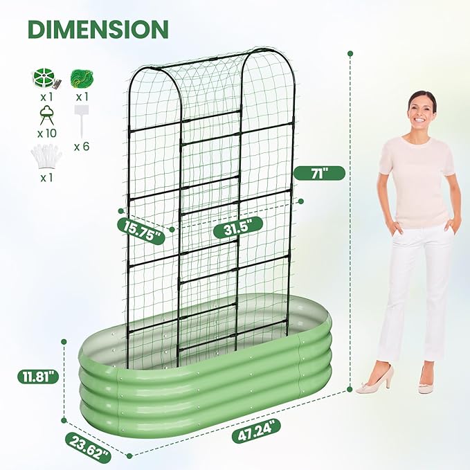 2 in 1 Galvanized Raised Garden Bed with 71" H Arch Trellis for Climbing Plants, Outdoor Gardening Planter Box with Climbing Net for Flowers Vegetables Fruits Herbs, Green