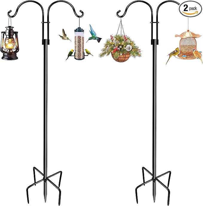 LWWTBS Double Shepherds Hooks for Outdoor (2Pack,76 inch) Heavy Duty Adjustable Bird Feeder Pole Garden Decor Shepherds Hook for Hanging Bird Feeder, Plant Baskets, Hummingbird Feeder for Outside