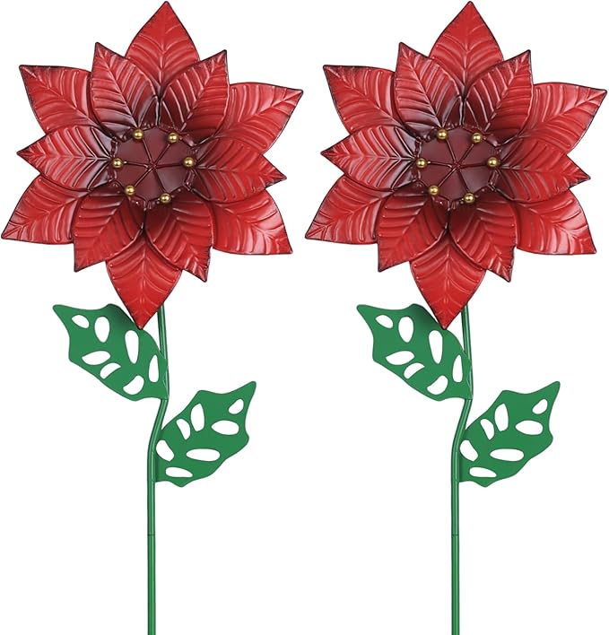 YEAHOME Outdoor Christmas Decorations, Set of 2 Poinsettia Flower Decorative Garden Stakes for Christmas Decor, Metal Red Flowers Xmas Decorations for Outside Garden Yard Lawn Porch